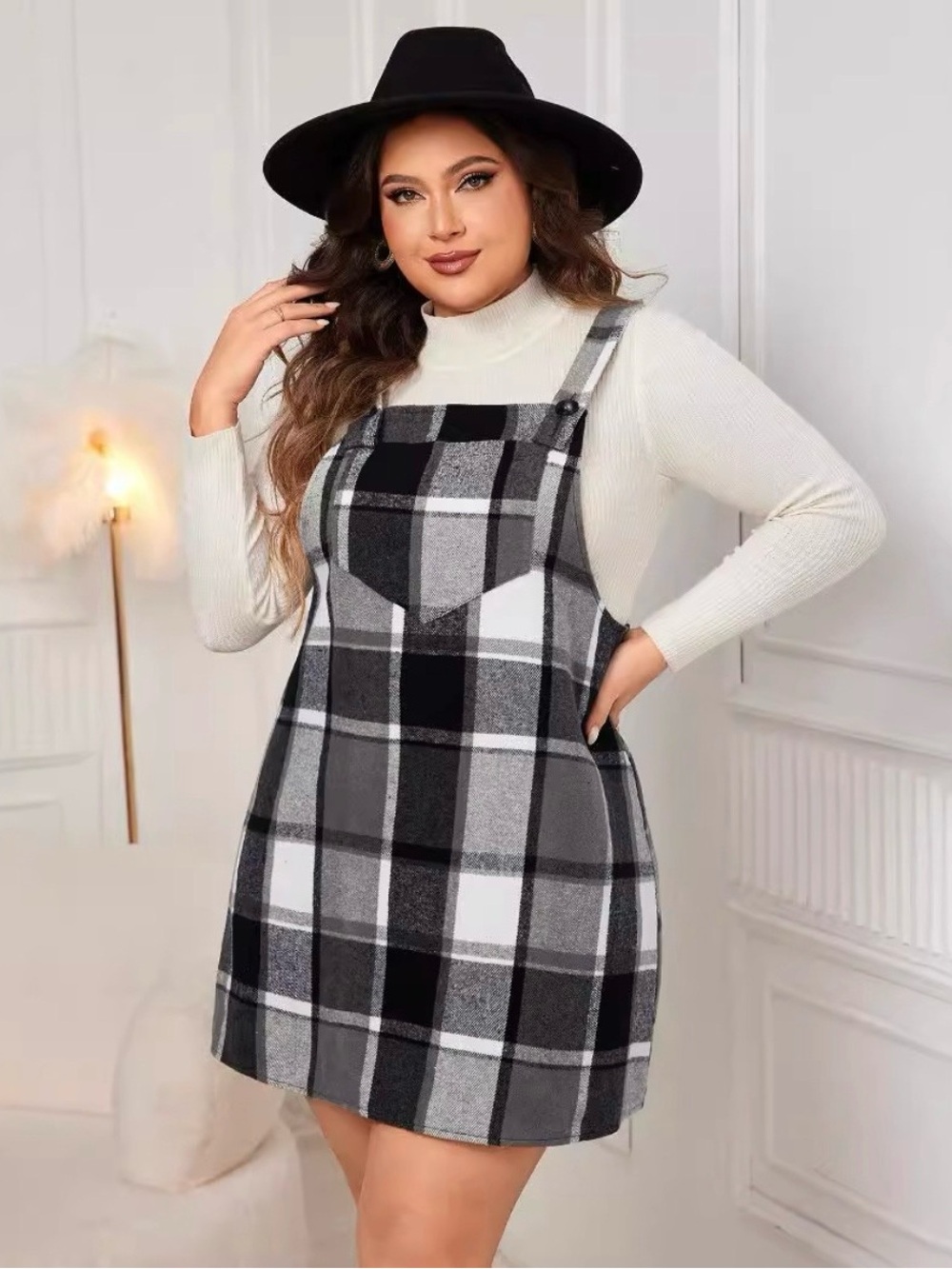 2416-Plaid Overall Pinafore Mini Dress Black White Grey Button Straps Pocket 1XL